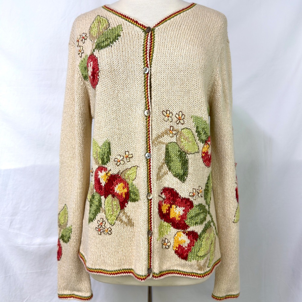 VINTAGE Talbots Knit Apple Fruit Cardigan Sweater L Ramie Cotton Cottagecore